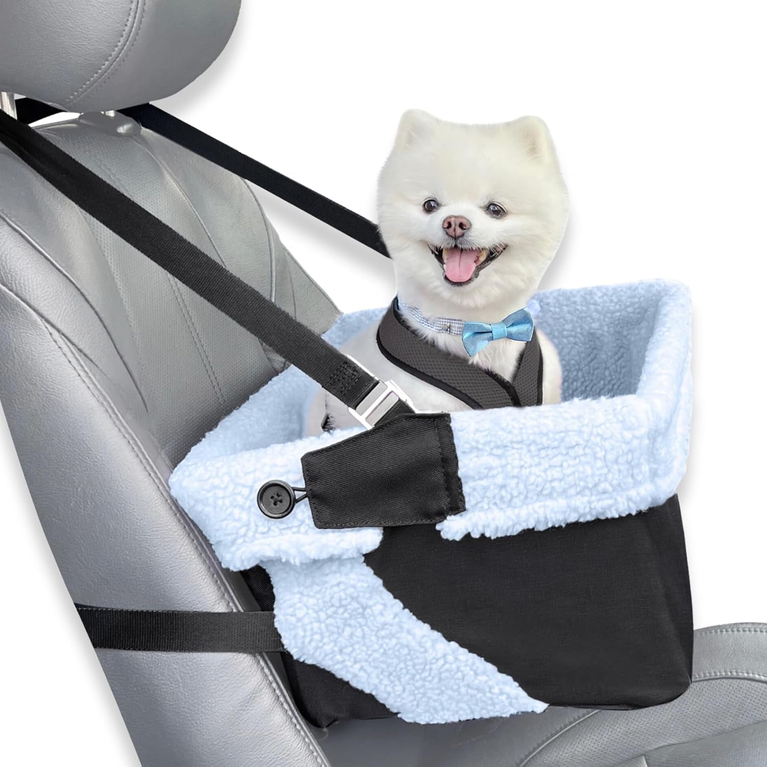 Dog Car Seat for Small Dogs - Blue Dog Booster Seat- Washable, Adjustable, and Collapsible Pet Travel Carrier Bed- Includes Safety Seat Belt Tether for Small Dogs, Puppies, and Pets up to 18 Lbs