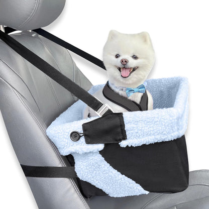 Dog Car Seat for Small Dogs - Blue Dog Booster Seat- Washable, Adjustable, and Collapsible Pet Travel Carrier Bed- Includes Safety Seat Belt Tether for Small Dogs, Puppies, and Pets up to 18 Lbs