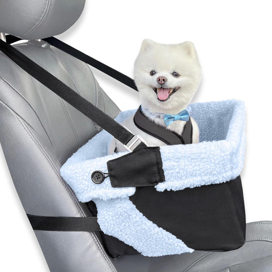 Dog Car Seat for Small Dogs - Blue Dog Booster Seat- Washable, Adjustable, and Collapsible Pet Travel Carrier Bed- Includes Safety Seat Belt Tether for Small Dogs, Puppies, and Pets up to 18 Lbs