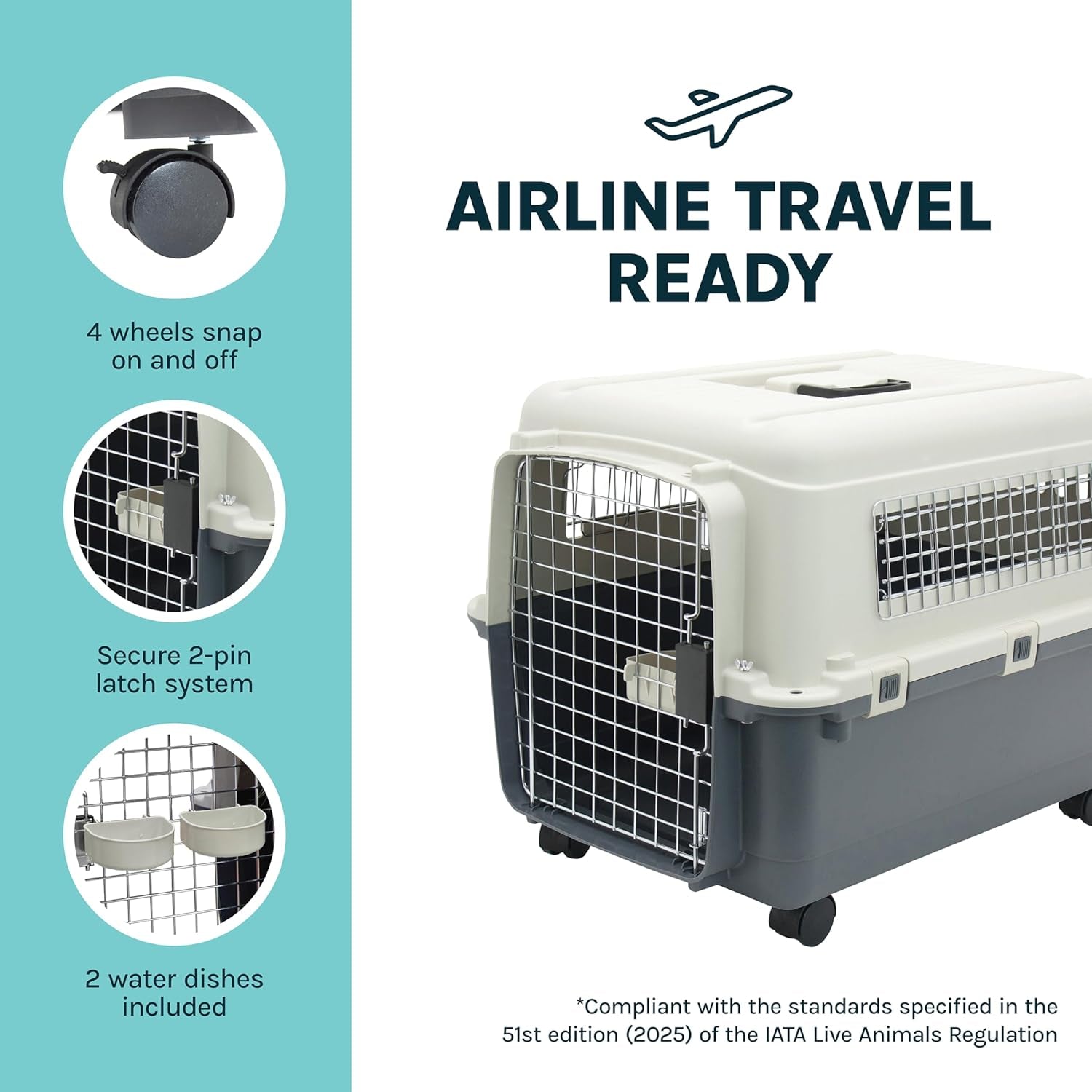 Plastic Kennels Rolling Plastic Wire Door Travel Dog Crate - Medium