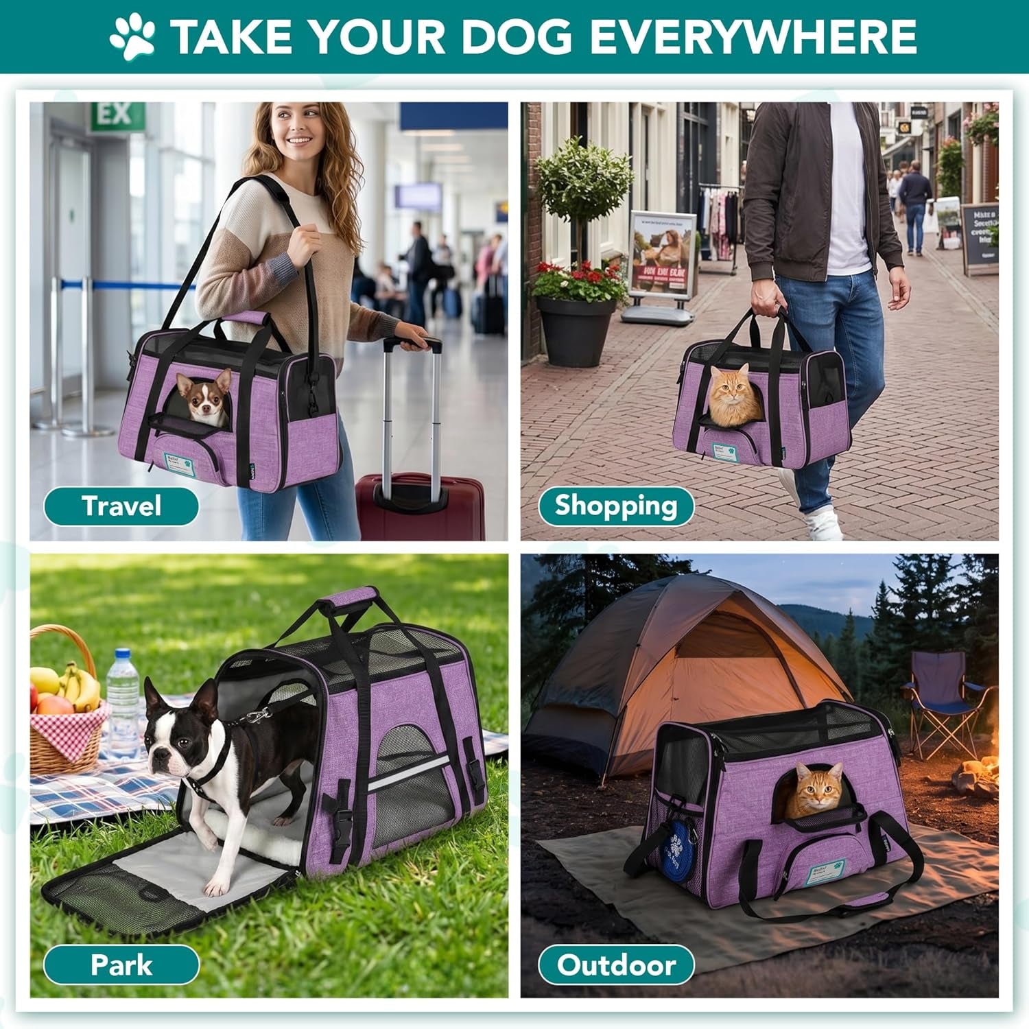 Airline Approved Pet Carrier for Cats & Small Dogs, Soft Sided TSA Travel Carrier Bag with Sherpa Bed, Breathable Mesh Ventilation, Collapsible Bowl, up to 18 Lbs, Small Heather Purple