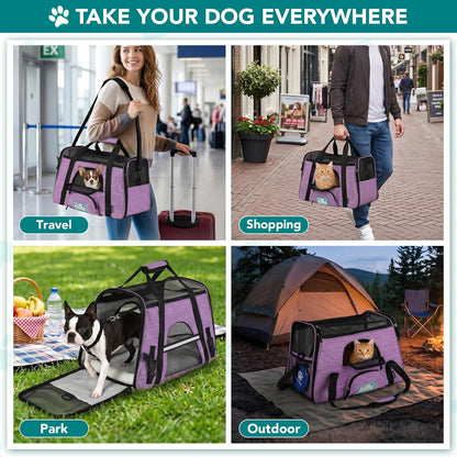Airline Approved Pet Carrier for Cats & Small Dogs, Soft Sided TSA Travel Carrier Bag with Sherpa Bed, Breathable Mesh Ventilation, Collapsible Bowl, up to 18 Lbs, Small Heather Purple