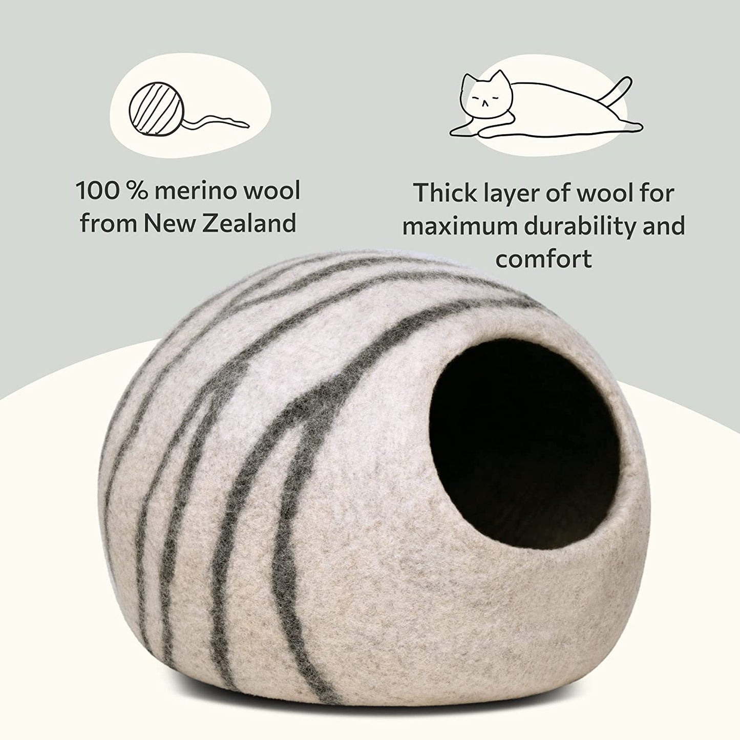 Cat Cave – Premium Felt Cat Bed for Indoor Cats, Handmade Merino Wool (Light Gray, Large)