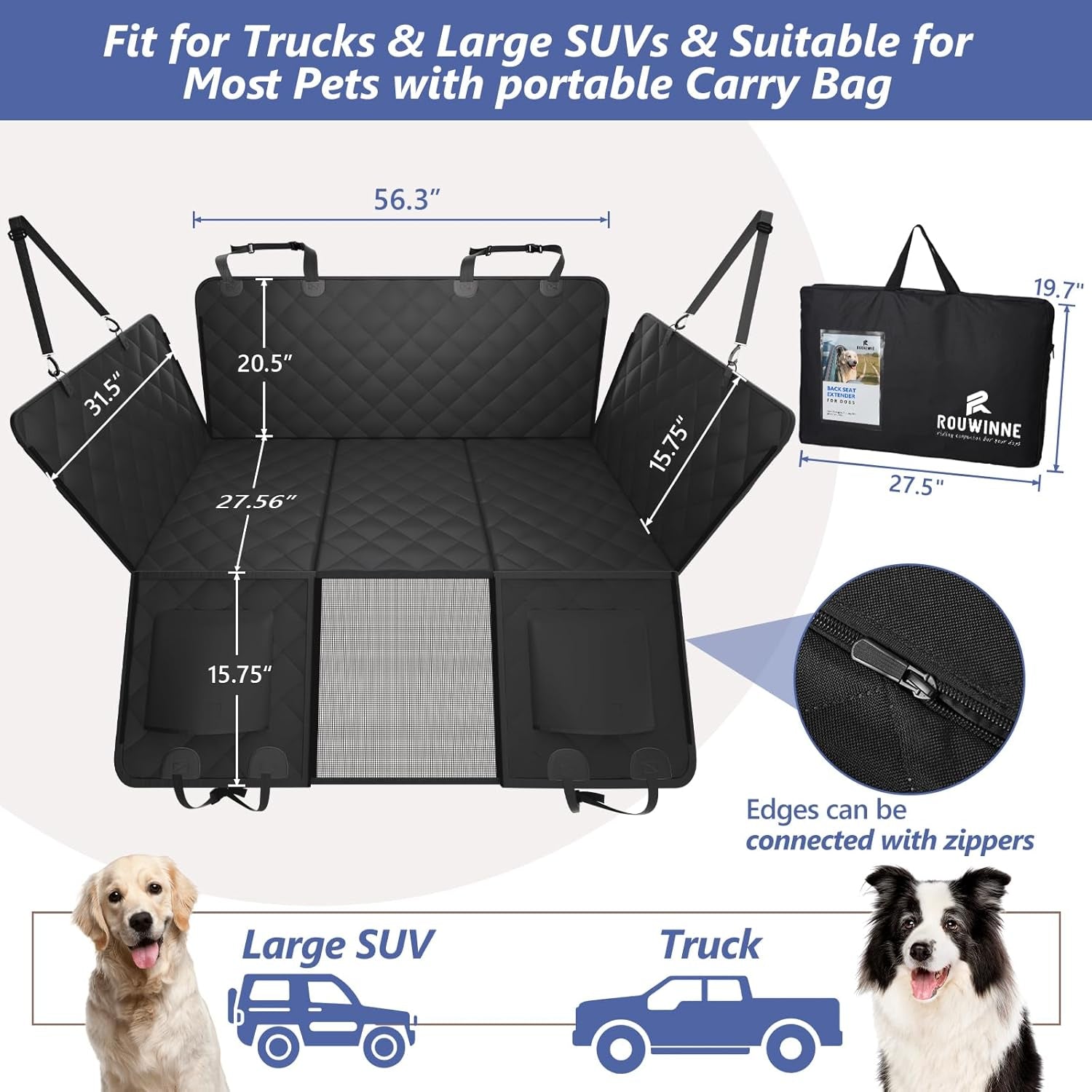 Back Seat Extender for Dogs Truck-Large Space, Hard Bottom Dog Pet Seat Cover Back Seat, Waterproof Dog Hammock for Crew Cab Trucks F150, RAM1500, Sierra, Tundra, Silverado, Black