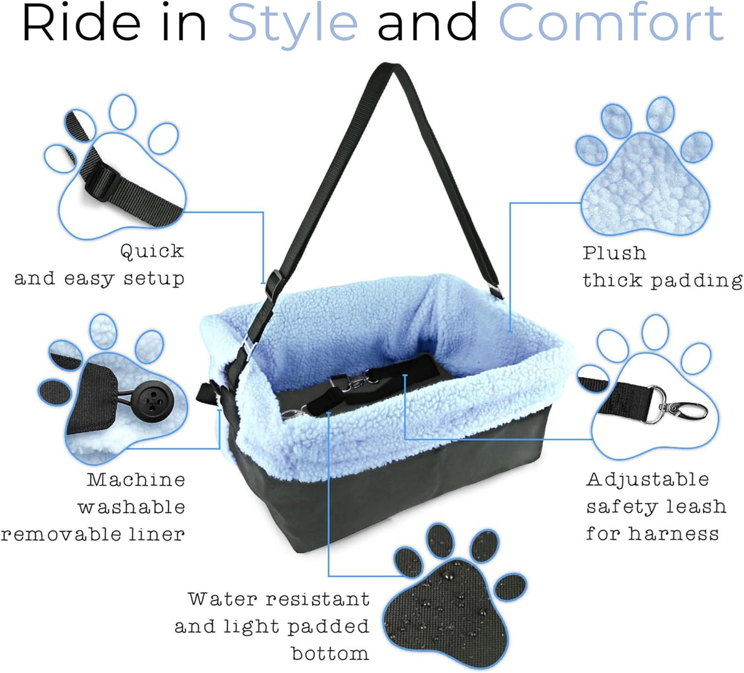Dog Car Seat for Small Dogs - Blue Dog Booster Seat- Washable, Adjustable, and Collapsible Pet Travel Carrier Bed- Includes Safety Seat Belt Tether for Small Dogs, Puppies, and Pets up to 18 Lbs