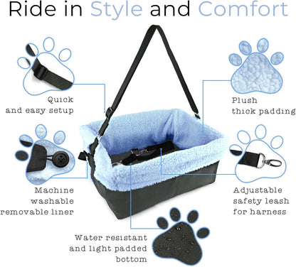 Dog Car Seat for Small Dogs - Blue Dog Booster Seat- Washable, Adjustable, and Collapsible Pet Travel Carrier Bed- Includes Safety Seat Belt Tether for Small Dogs, Puppies, and Pets up to 18 Lbs