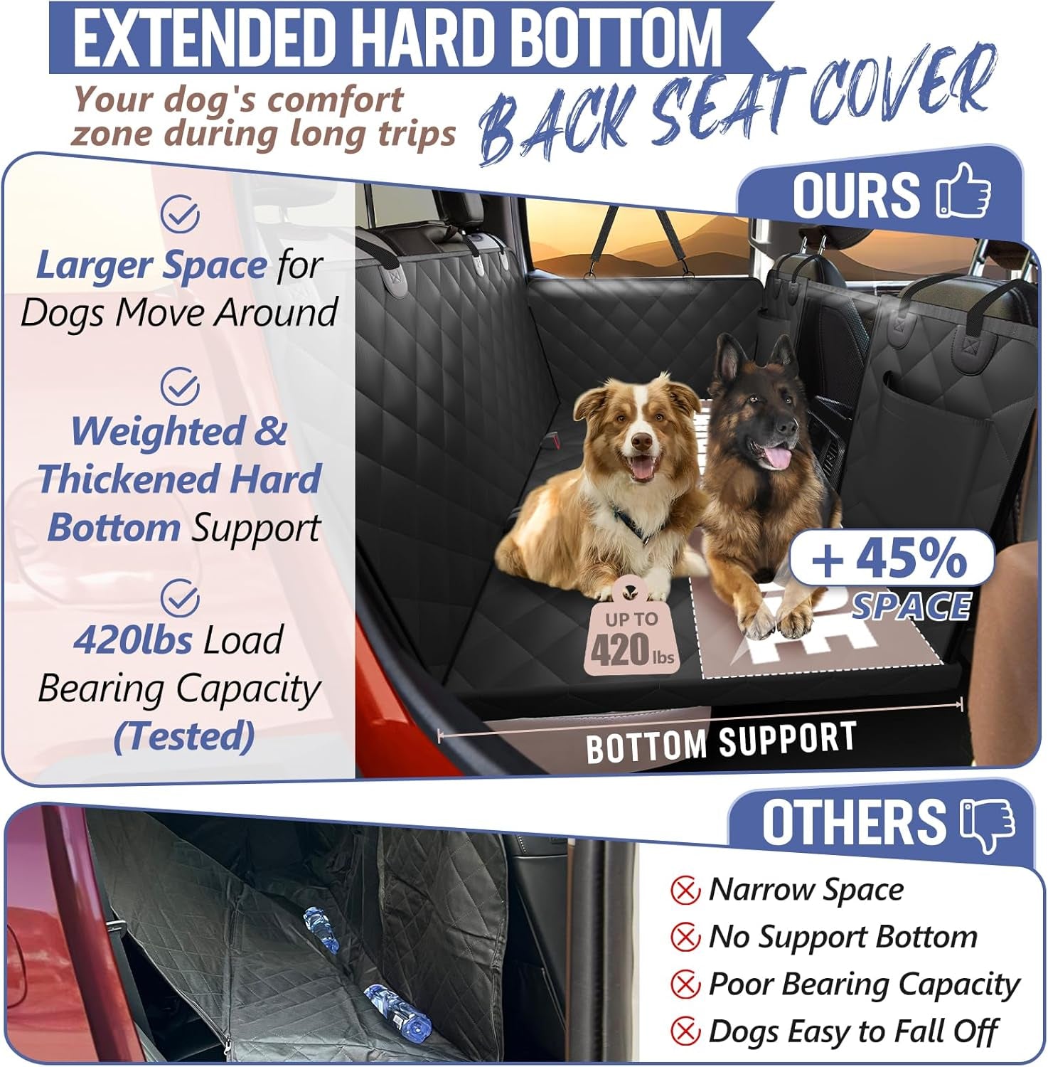 Back Seat Extender for Dogs Truck-Large Space, Hard Bottom Dog Pet Seat Cover Back Seat, Waterproof Dog Hammock for Crew Cab Trucks F150, RAM1500, Sierra, Tundra, Silverado, Black
