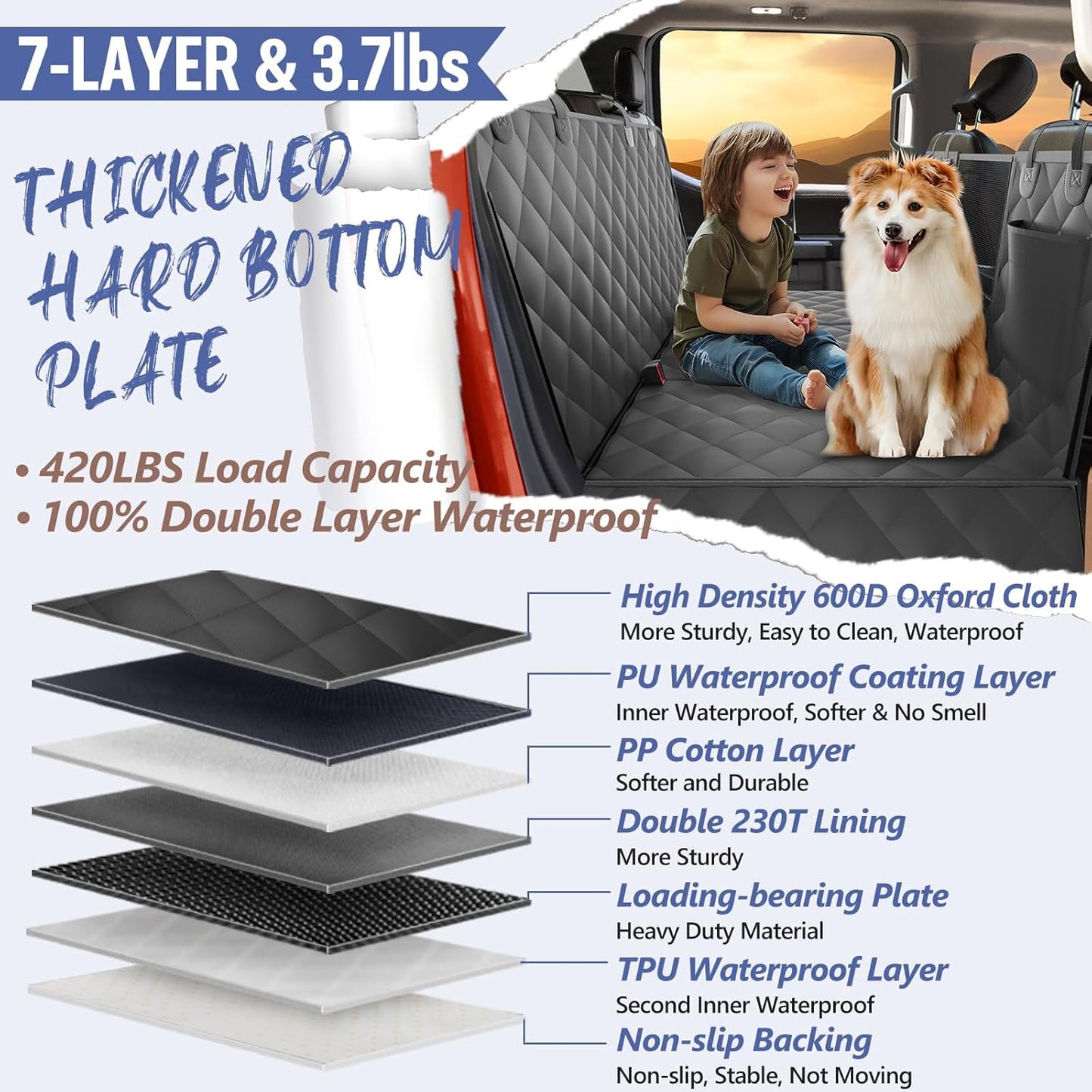 Back Seat Extender for Dogs Truck-Large Space, Hard Bottom Dog Pet Seat Cover Back Seat, Waterproof Dog Hammock for Crew Cab Trucks F150, RAM1500, Sierra, Tundra, Silverado, Black
