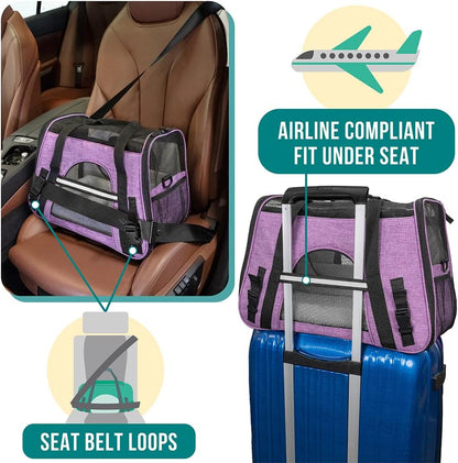 Airline Approved Pet Carrier for Cats & Small Dogs, Soft Sided TSA Travel Carrier Bag with Sherpa Bed, Breathable Mesh Ventilation, Collapsible Bowl, up to 18 Lbs, Small Heather Purple