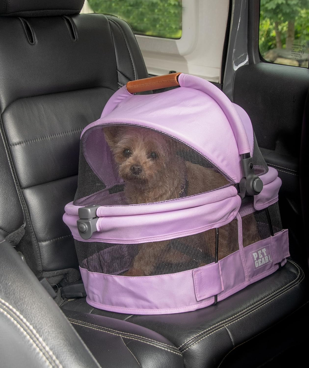 No-Zip View 360 Ultra Lite Pet Safety Carrier & Car Seat for Small Dogs & Cats Push Button Entry, 15", Bright Lilac