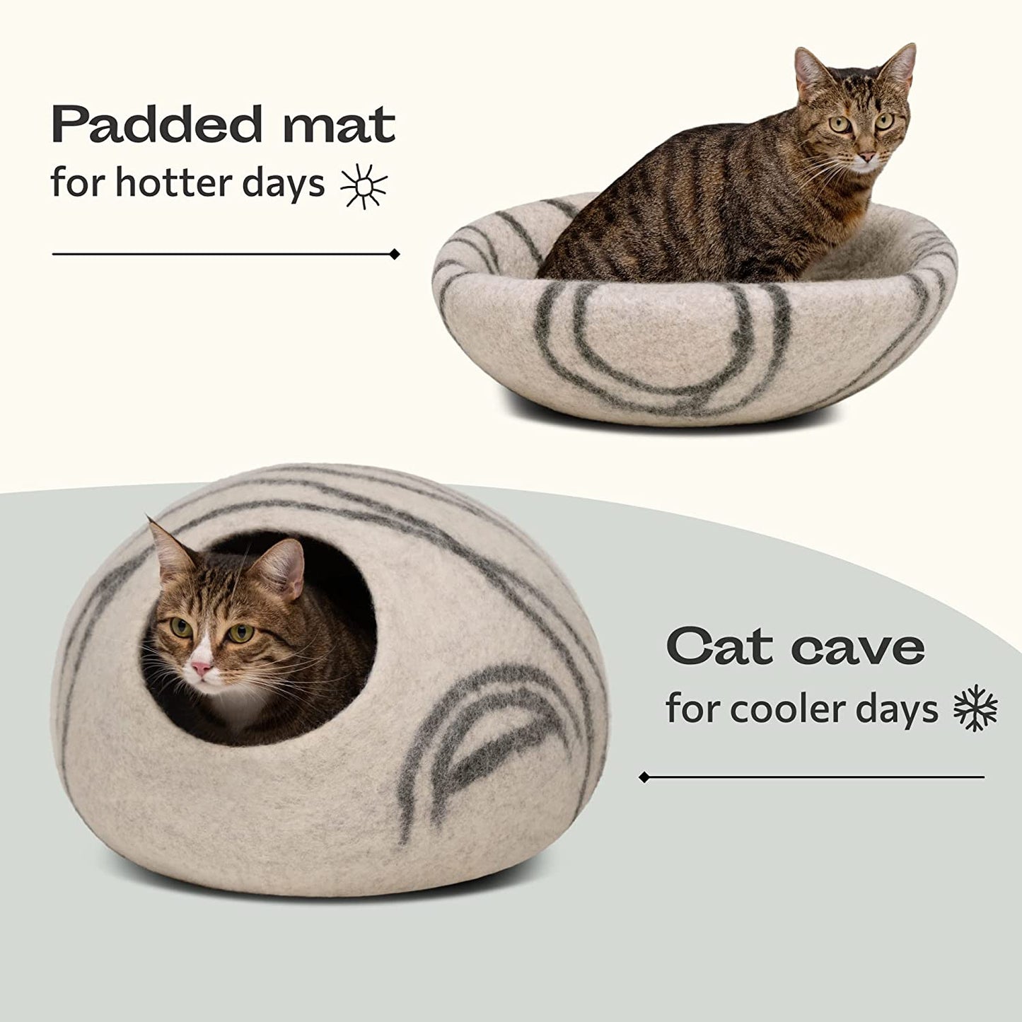 Cat Cave – Premium Felt Cat Bed for Indoor Cats, Handmade Merino Wool (Light Gray, Large)